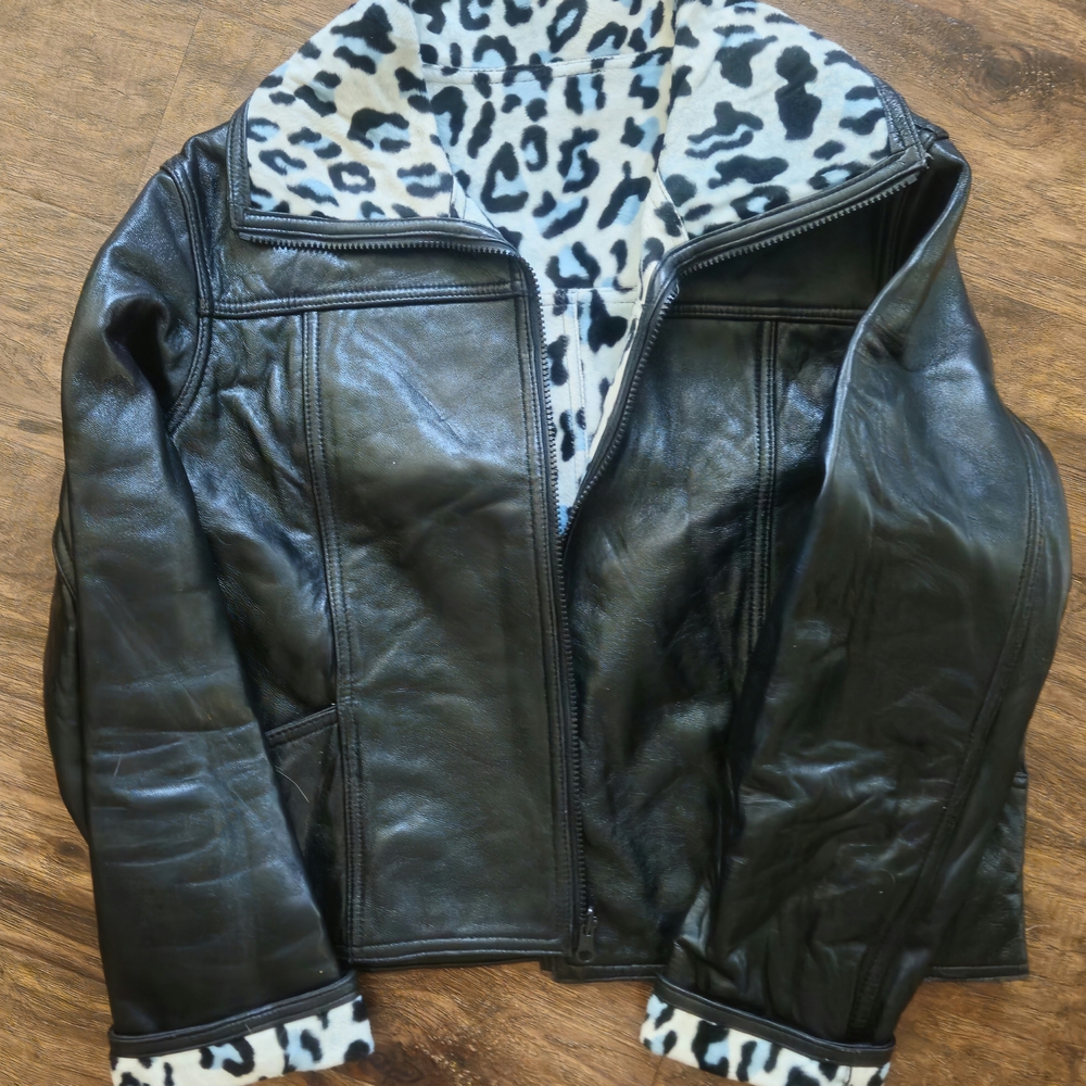 Black Leather Jacket with Animal Print Lining